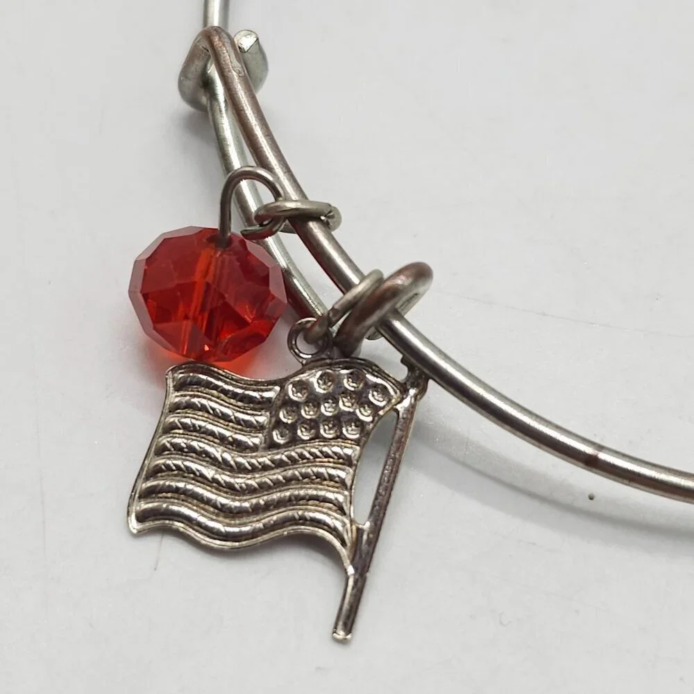 American Flag Bangle Bracelet With Red Crystal Charm